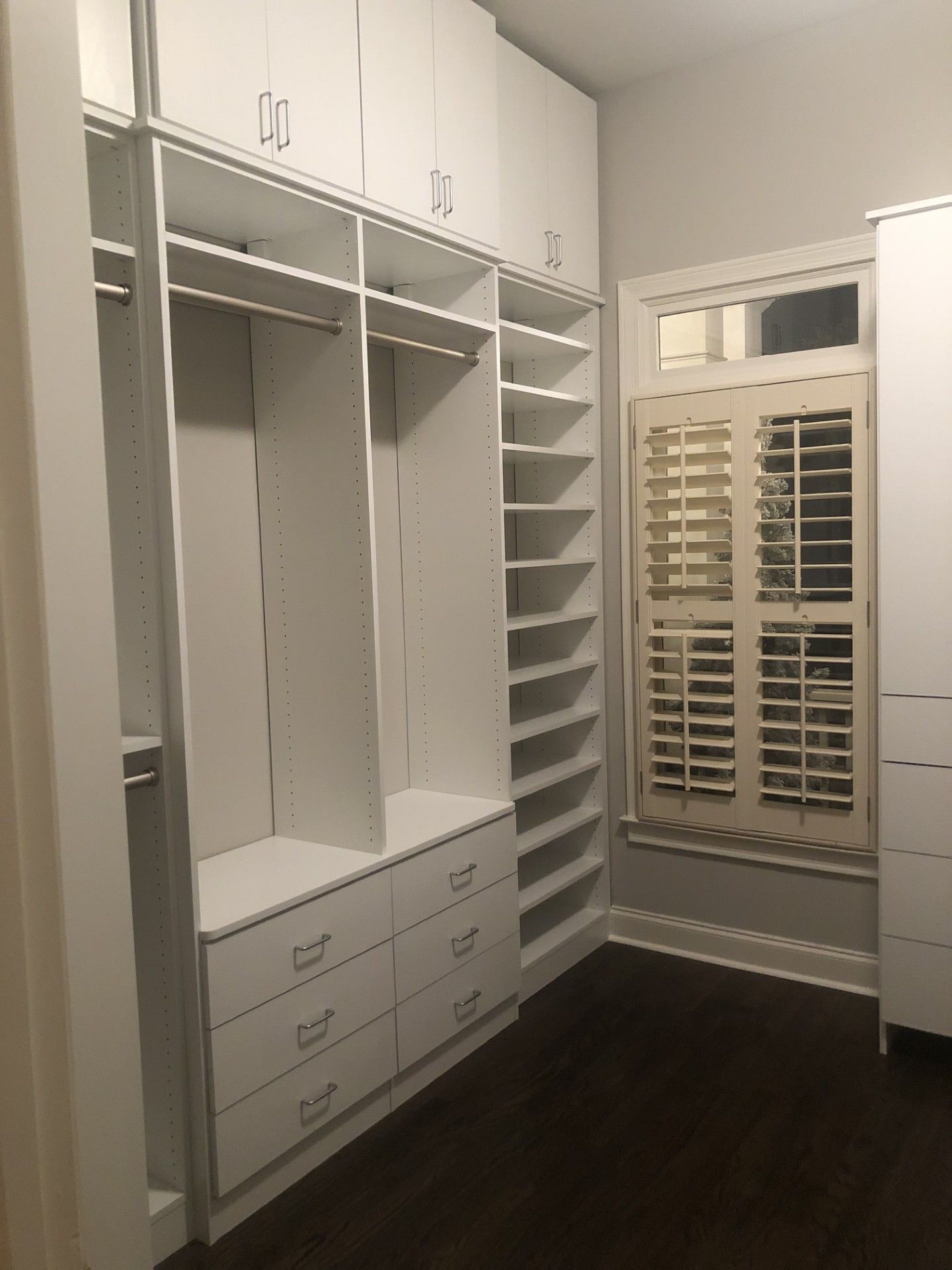 Hanging space, drawers, and shelving makes life organized!