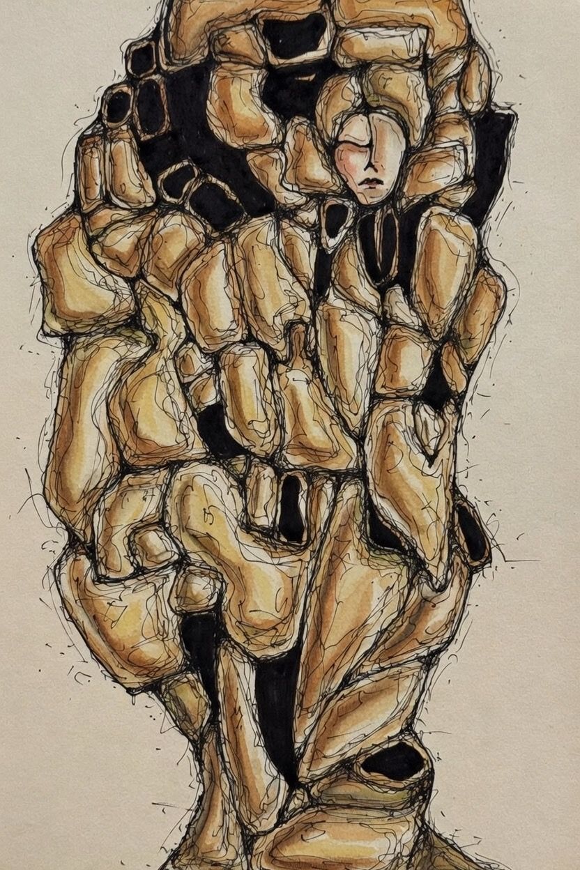 Abstracte schets in houtskool en sepia van een zittende menselijke figuur met gelaagde hoekige vormen en een sombere uitdrukking.