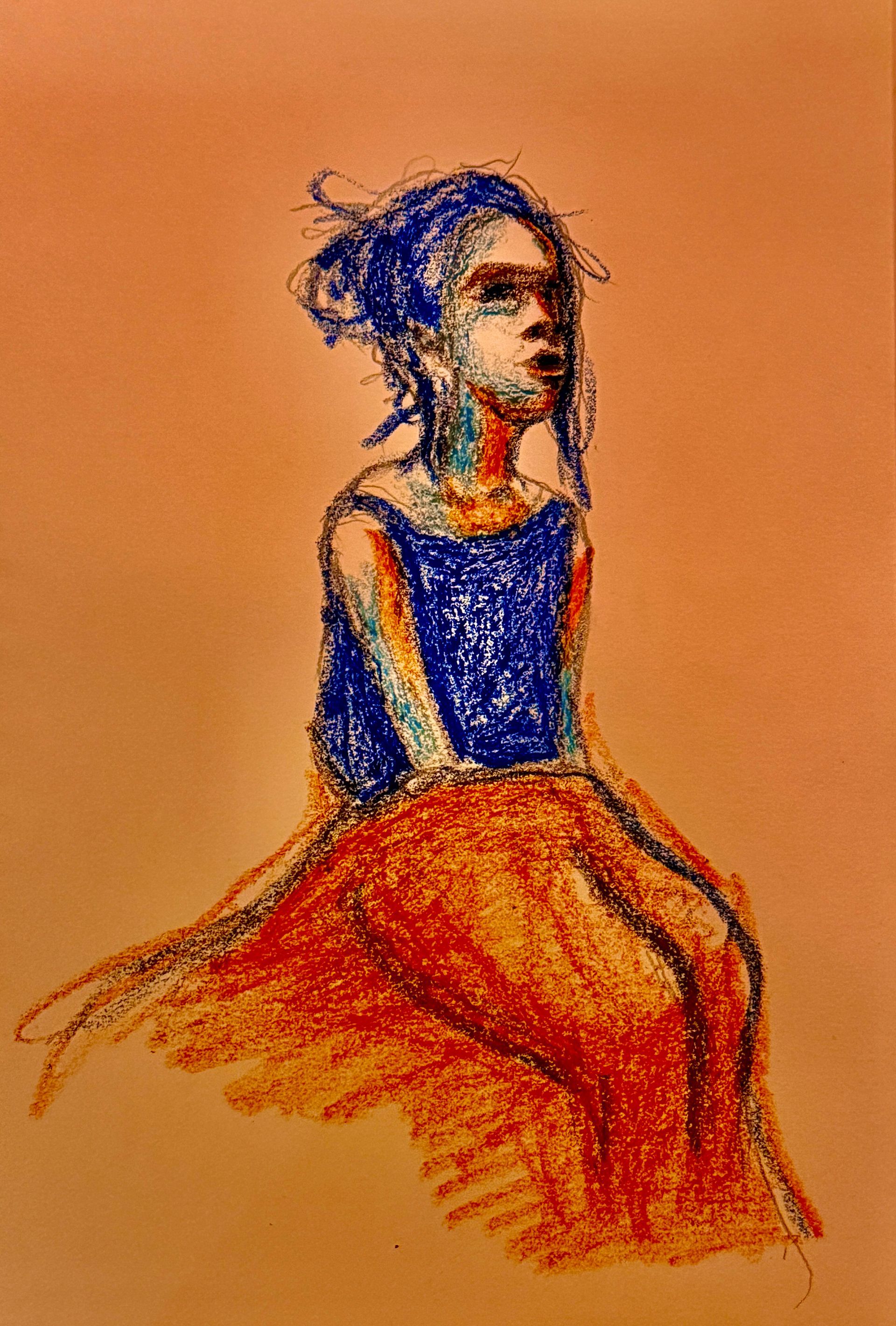 Abstracte schets van een zittende figuur in een blauwe top en oranje rok op een warme oranje achtergrond.