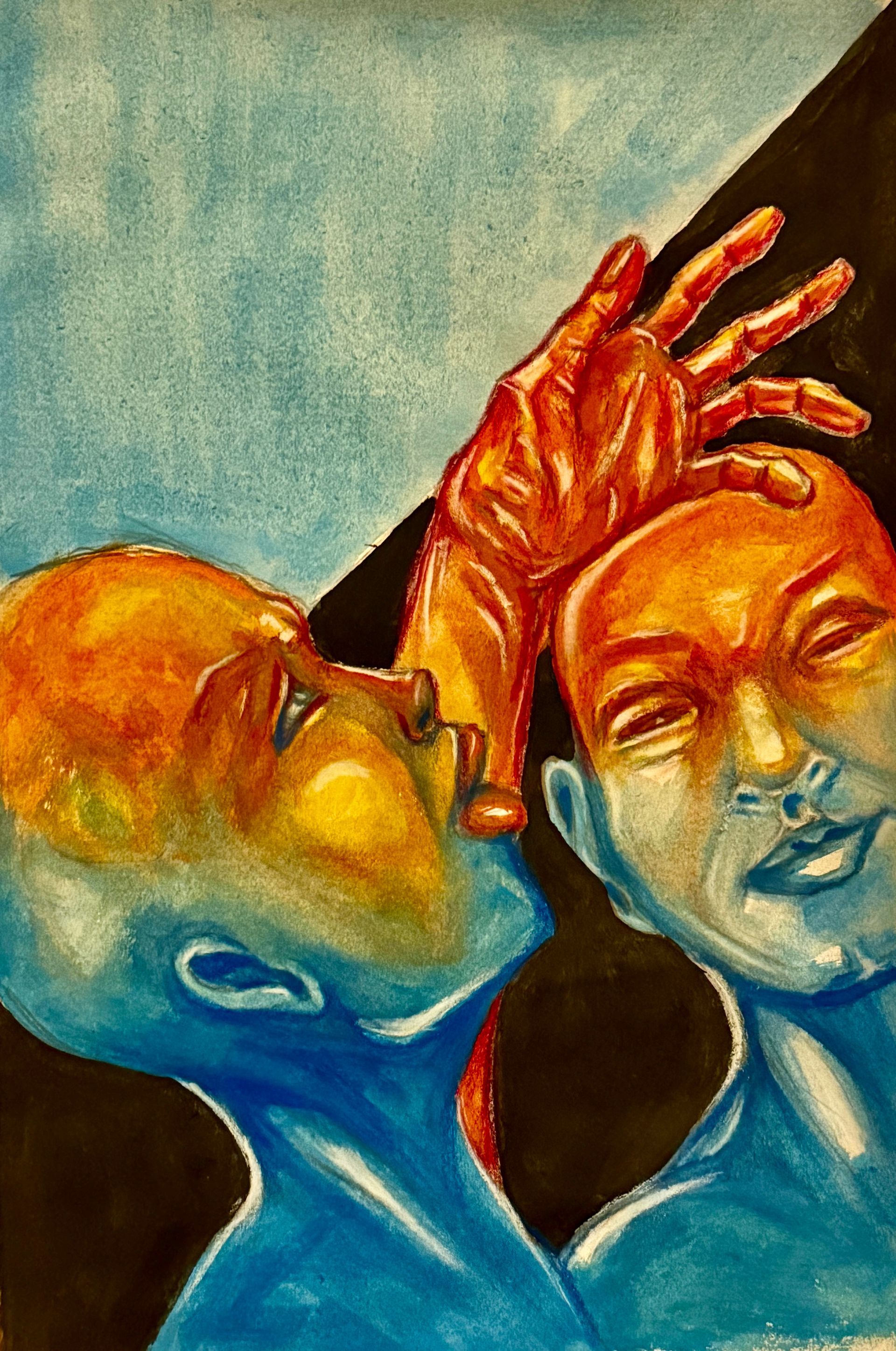 Abstract schilderij van twee blauwgetinte gezichten, waarbij de ene hand boven het voorhoofd van de andere is geheven, met warme oranje en rode accenten.