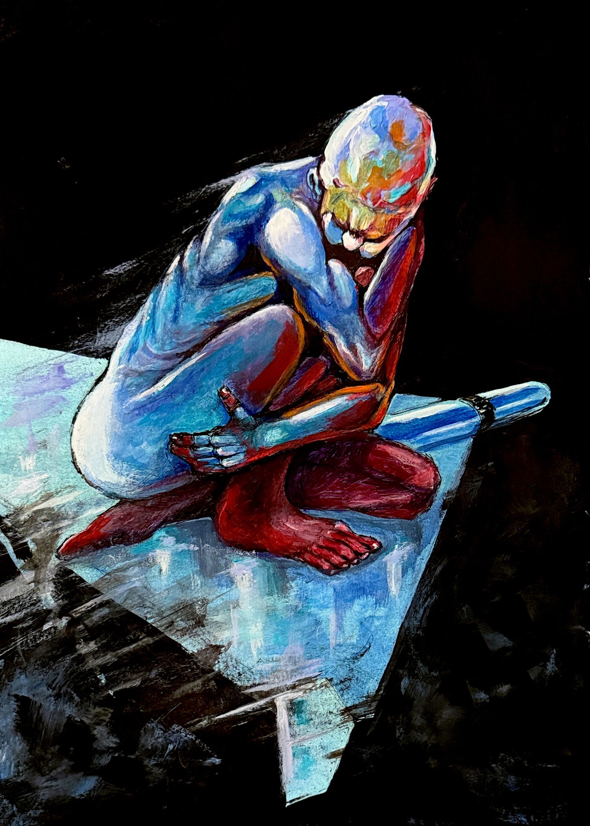 Kleurrijk abstract schilderij van een hurkende figuur op een blauwe ondergrond tegen een zwarte achtergrond.