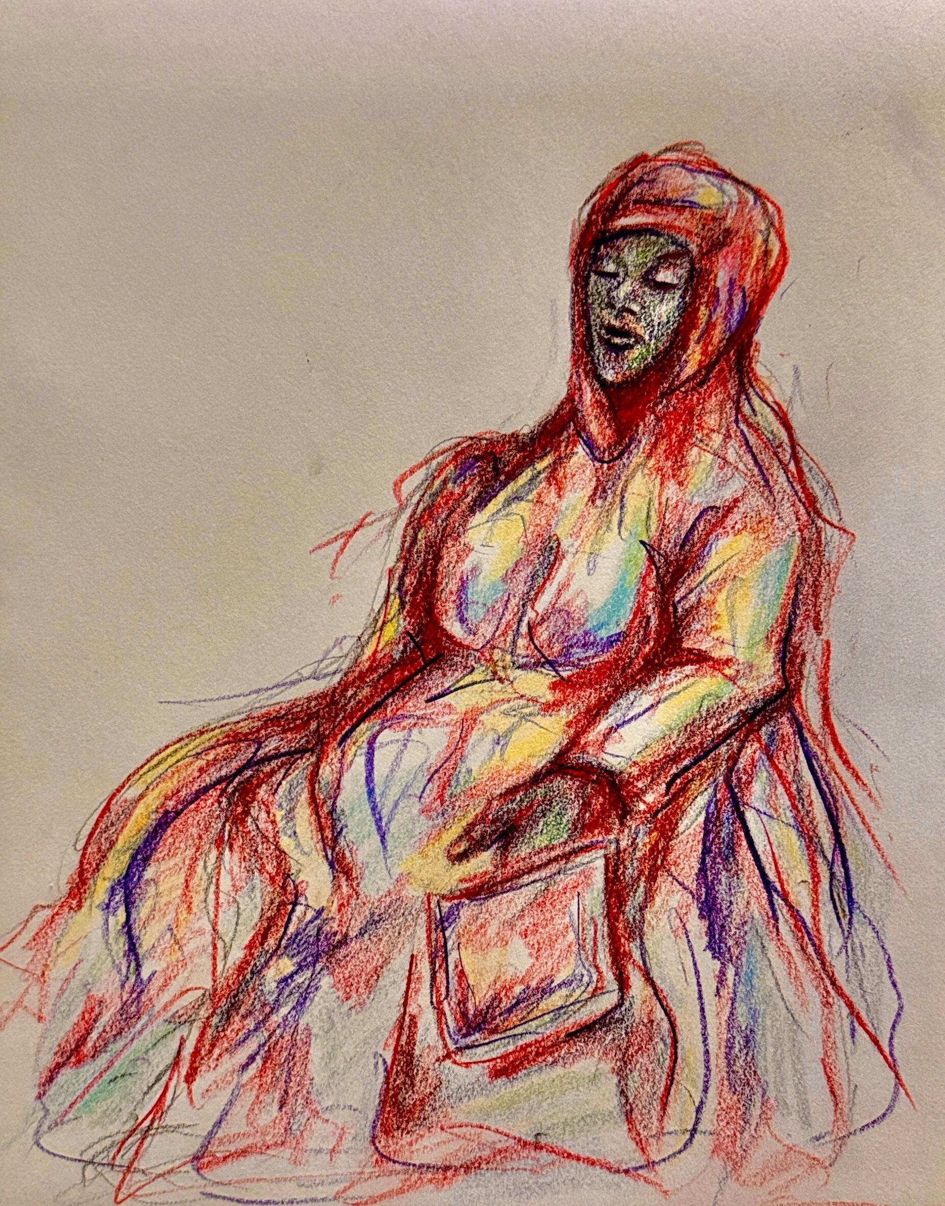 Kleurrijke schets van een zittende figuur met kap, gedrapeerd in een zwierige stof, getekend in rode, blauwe en beige tinten.