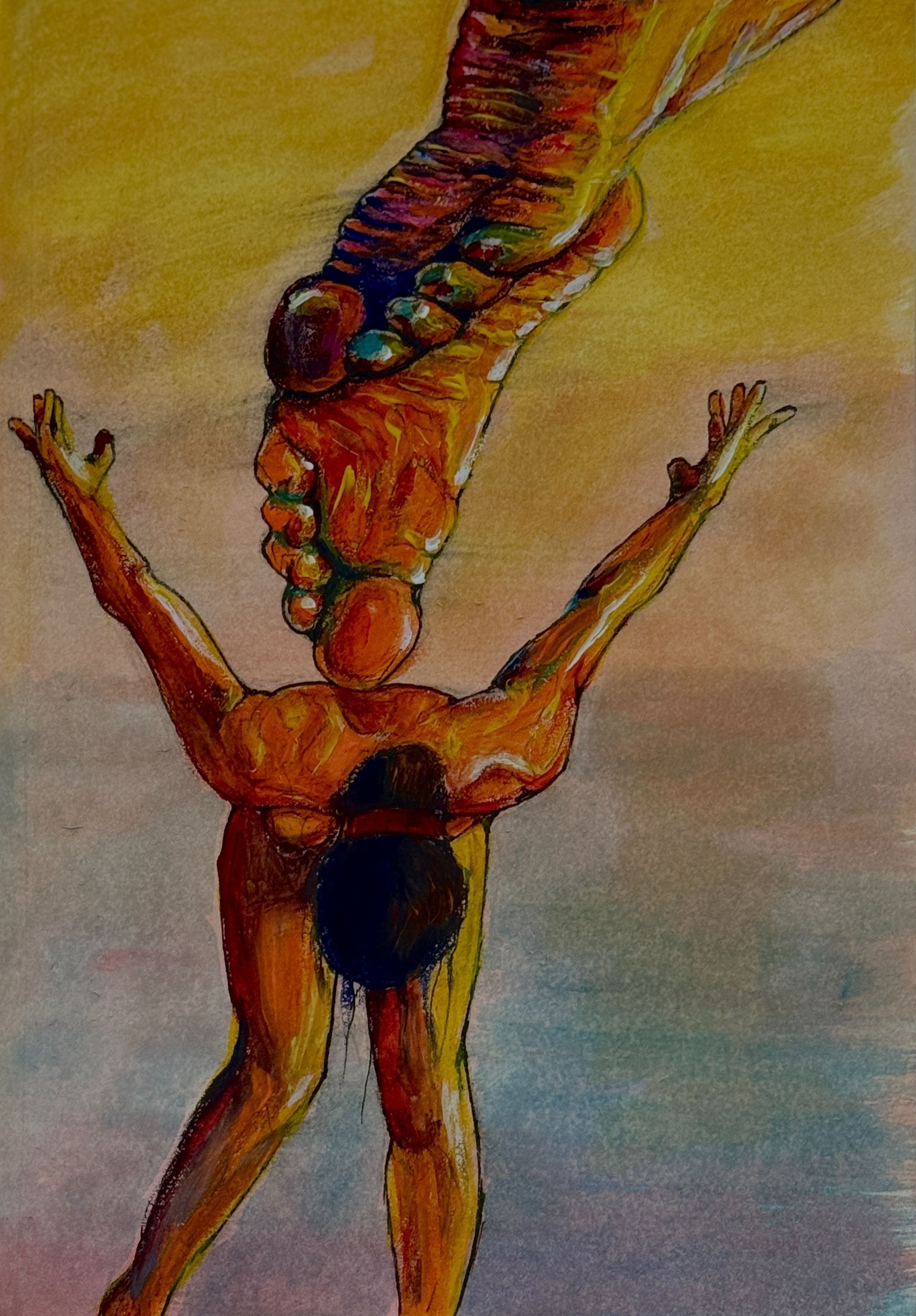 Abstract schilderij van twee ineengestrengelde mensfiguren, waarbij de ene de andere optilt, in warme oranje en blauwe tinten.
