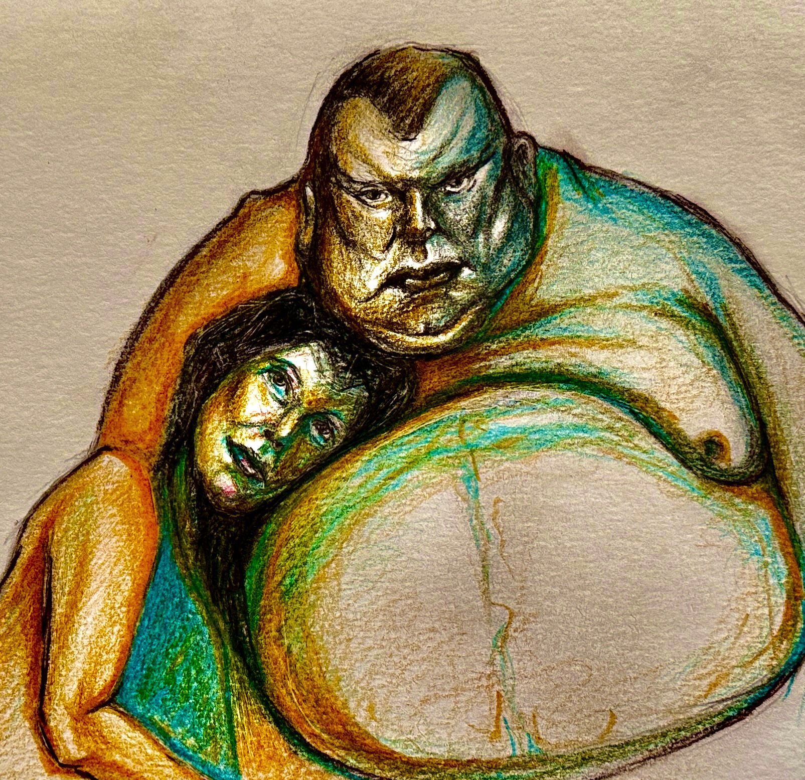 Twee figuren staan ​​dicht bij elkaar naast een grote witte cirkelvorm in een kleurrijke illustratie met textuur.