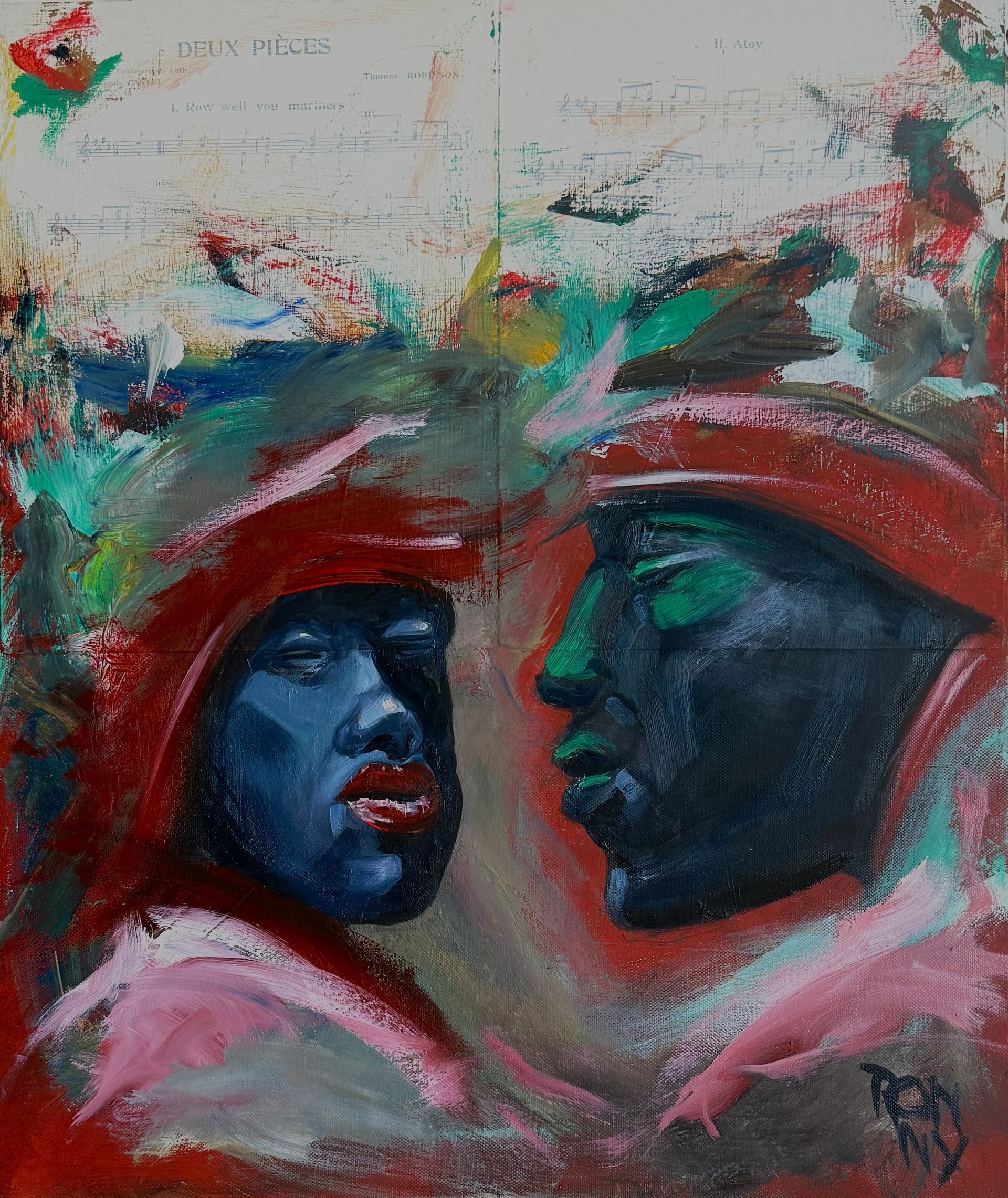 Twee abstracte gezichten in rode, blauwe en groene tinten staan tegenover elkaar in een schilderachtige compositie.