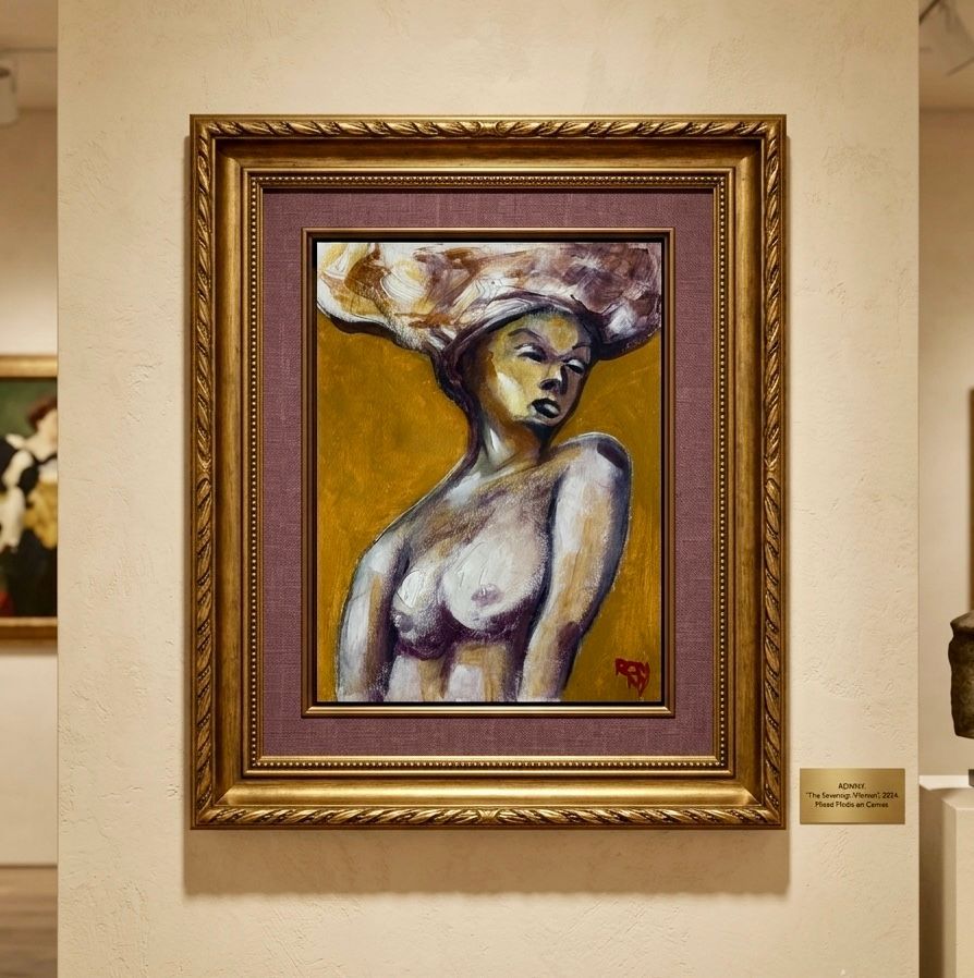 Framed abstract nude painting in gold and purple on a gallery wall