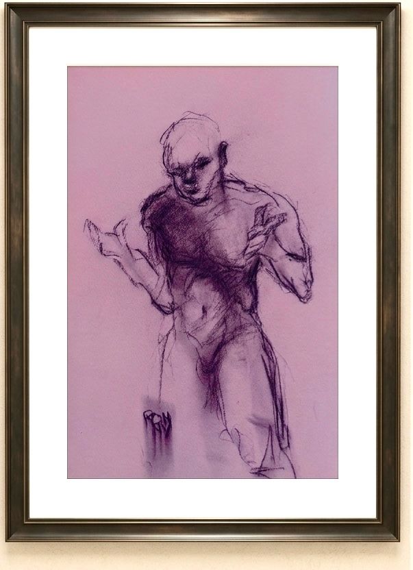Framed sketch of a standing nude figure in purple tones on a pink background