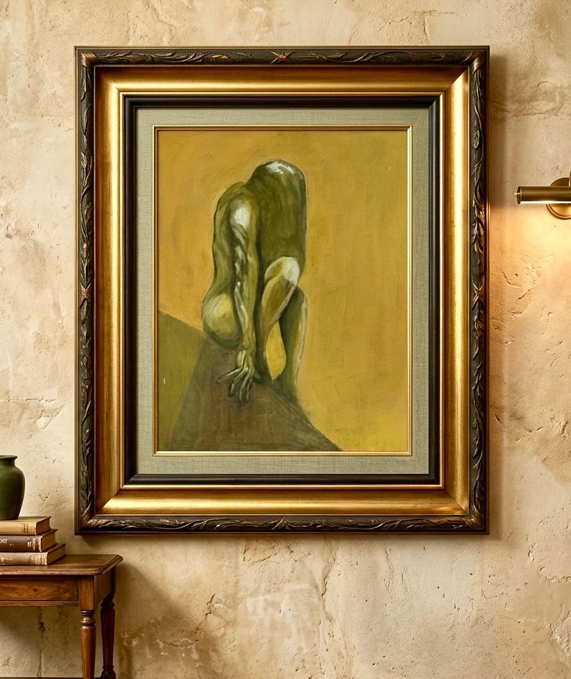 Framed abstract painting with green and gold tones on a textured wall