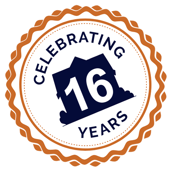 Celebrating 15 Years badge, featuring a blue shape of a building with