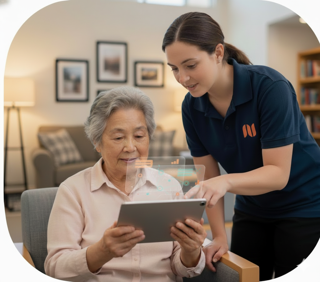 A nurse is holding the hand of an elderly woman in a living room.