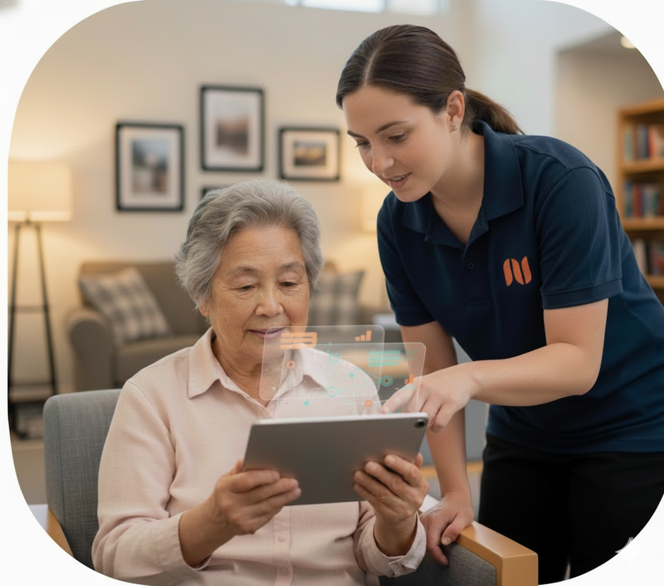 A nurse is holding the hand of an elderly woman in a living room.