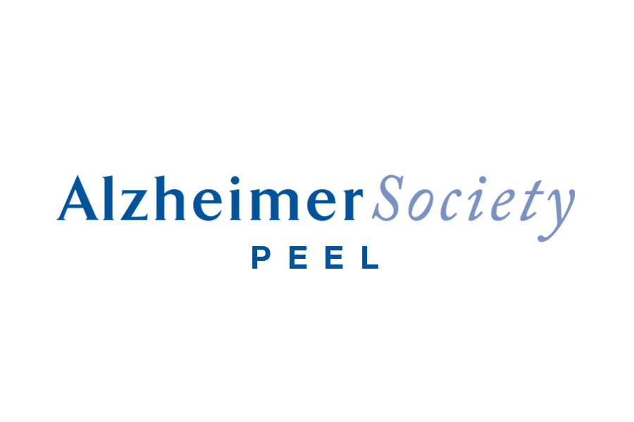 The logo for the alzheimer society peel is blue and white.