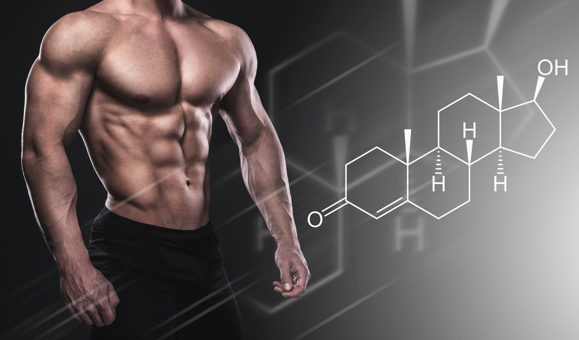 Image of Muscular Man With Testosterone Chemical Formula Overlayed