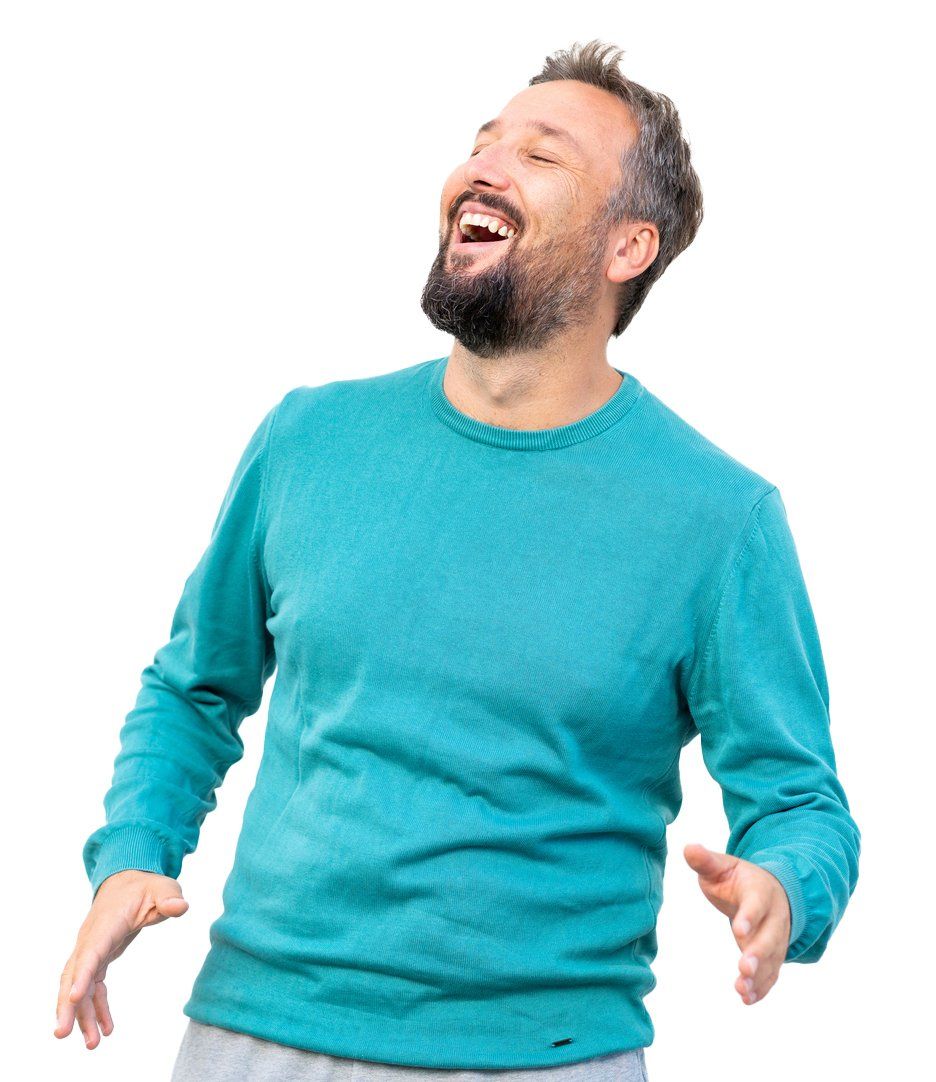 Man Laughing — Lexington, KY — Allergy Asthma & Immunology: Dr. Iraklis Livas Man Laughing — Lexington, KY — Allergy Asthma & Immunology: Dr. Iraklis Livas