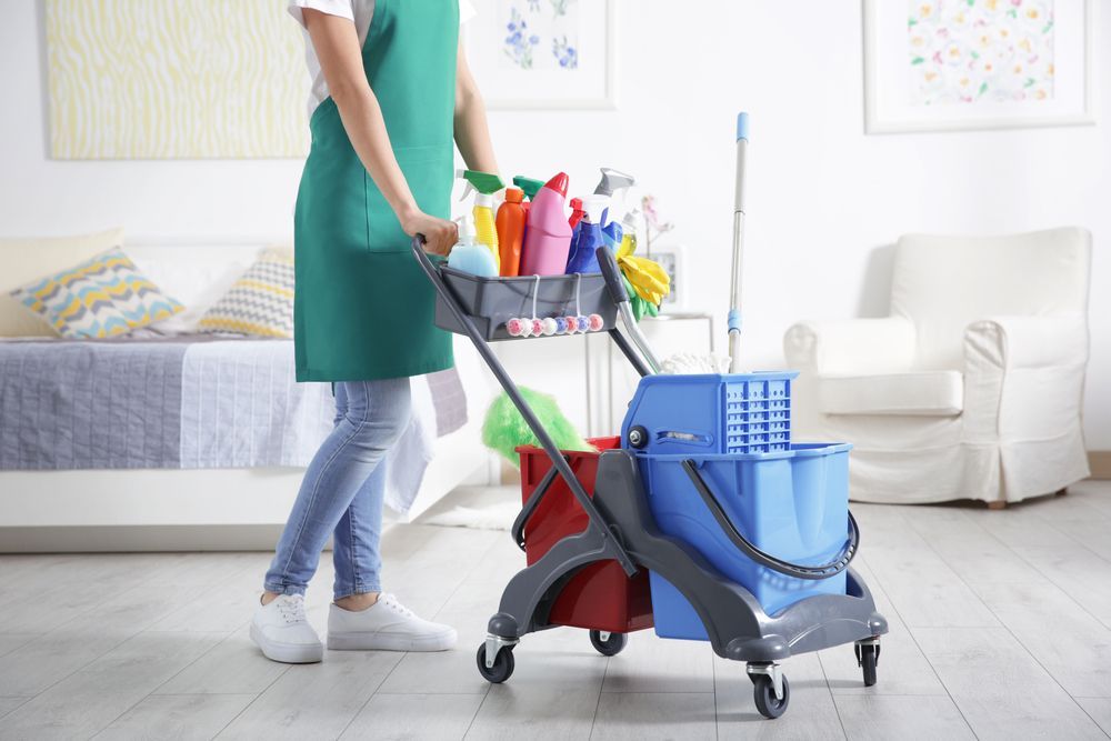 Person in Green Apron Pushing a Cleaning Cart — Serena's Local Cleaning Company In Toowoomba, QLD