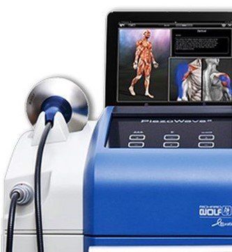A blue and white machine with a picture of a man on the screen