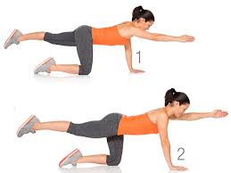 A woman is doing a bird dog exercise on her knees.