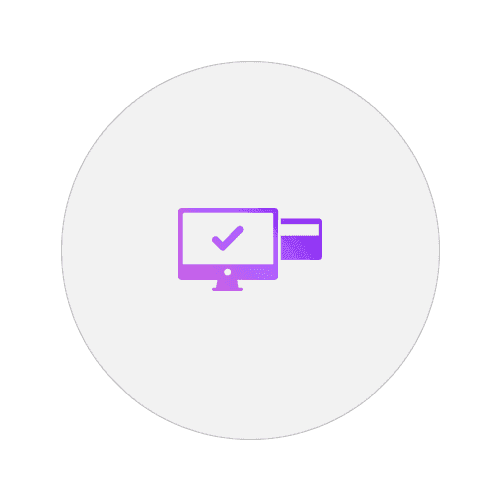 A computer monitor with a check mark and a credit card in a circle.