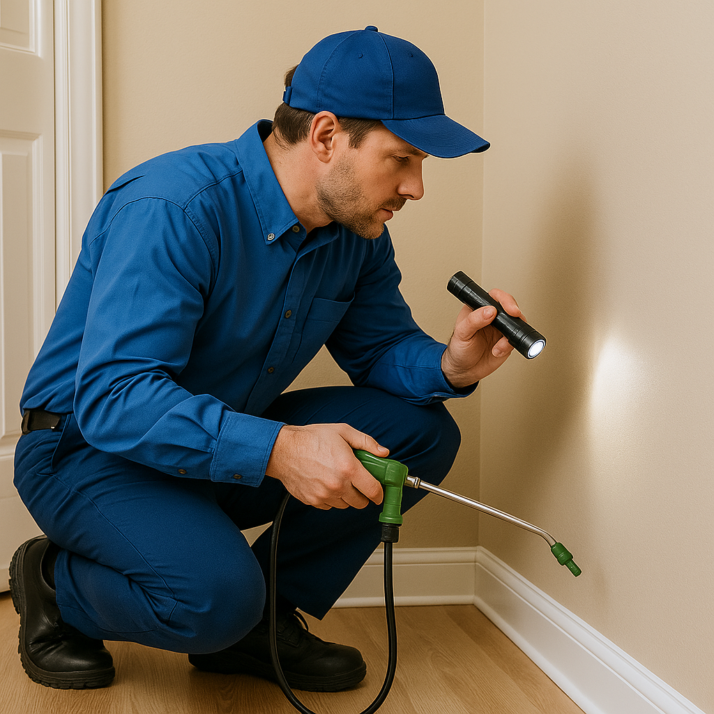 pest control technician inspecting baseboards inside a South Carolina home pest control technician inspecting baseboards inside a South Carolina home