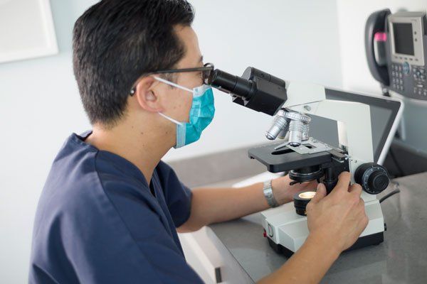 Dr. Malcom Ke examining skin cells under microscope