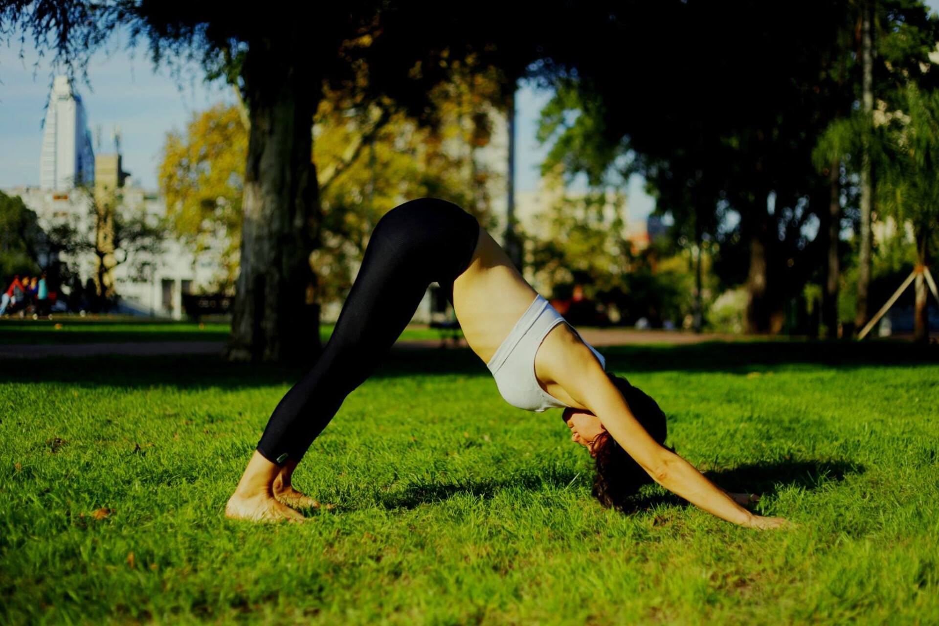 Mujer en pose de yoga de perro boca abajo en un césped verde de un parque.