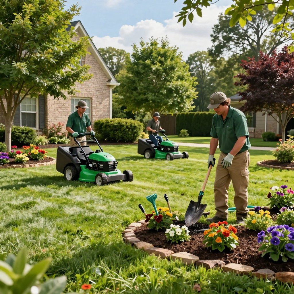 Three people mowing a lawn and gardening. Green grass, house in background. Sunny day.