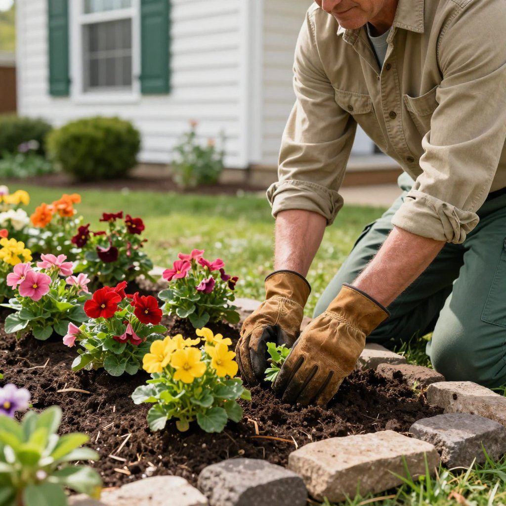 Man planting flowers in a garden bed edged with bricks near a house.