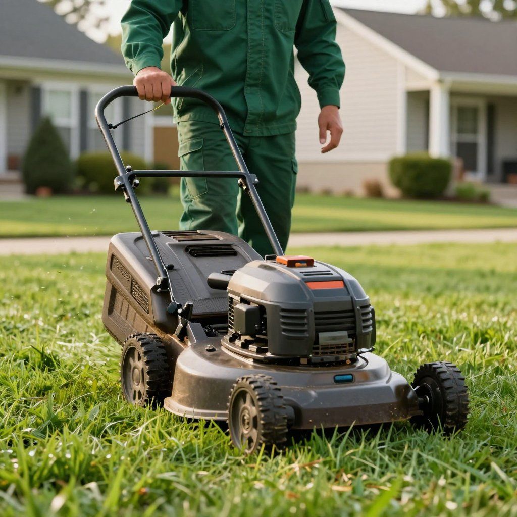 Person in green suit mowing a green lawn with a black and gray lawnmower in a suburban yard.