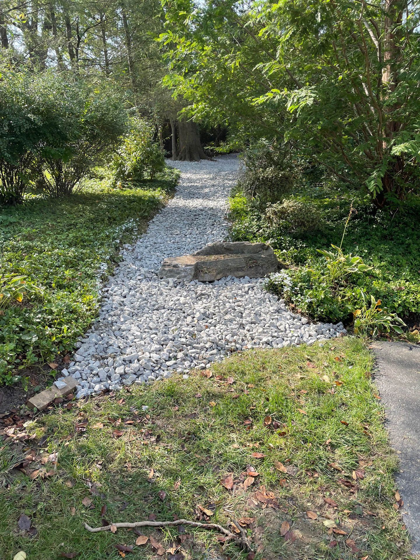 Stone wall with shrubs, gravel path, and grass lawn at a building's edge.