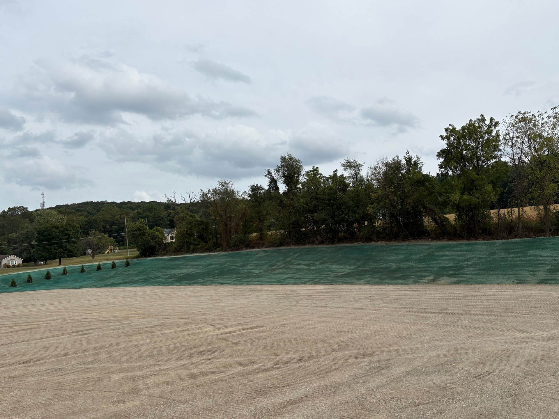 A graded area with green erosion control blanket, trees, and overcast sky.