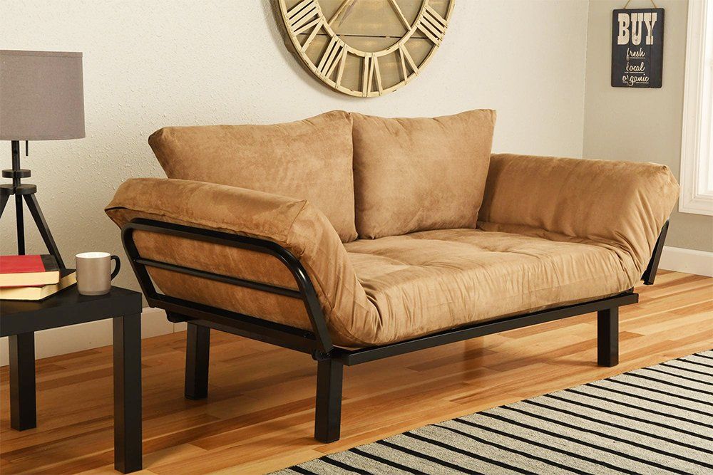 brown suede large futon with metal frame
