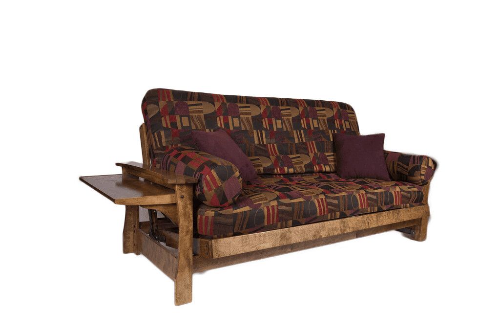 brown futon with abstract cover pattern and wood frame