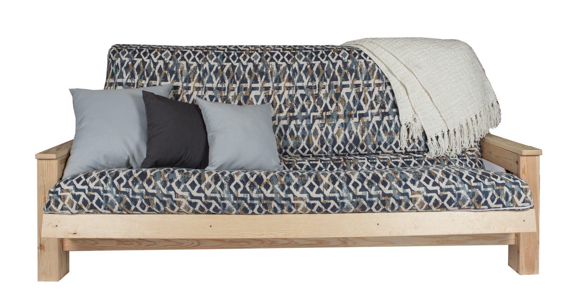 futon on sale grey and blue cover with wool blanket