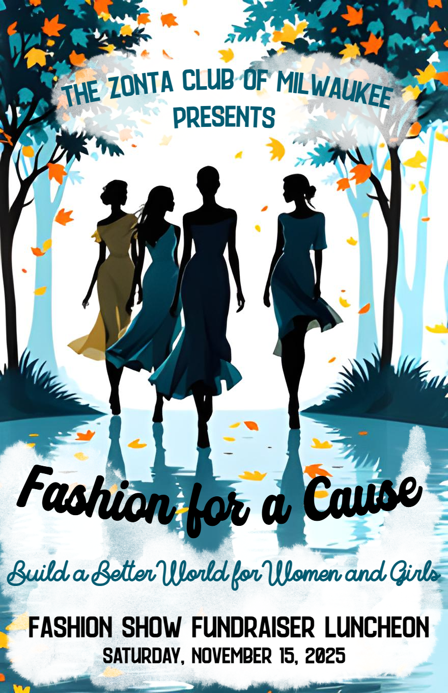 Poster: Fashion show fundraiser. Silhouettes of women in gowns, fall leaves, text