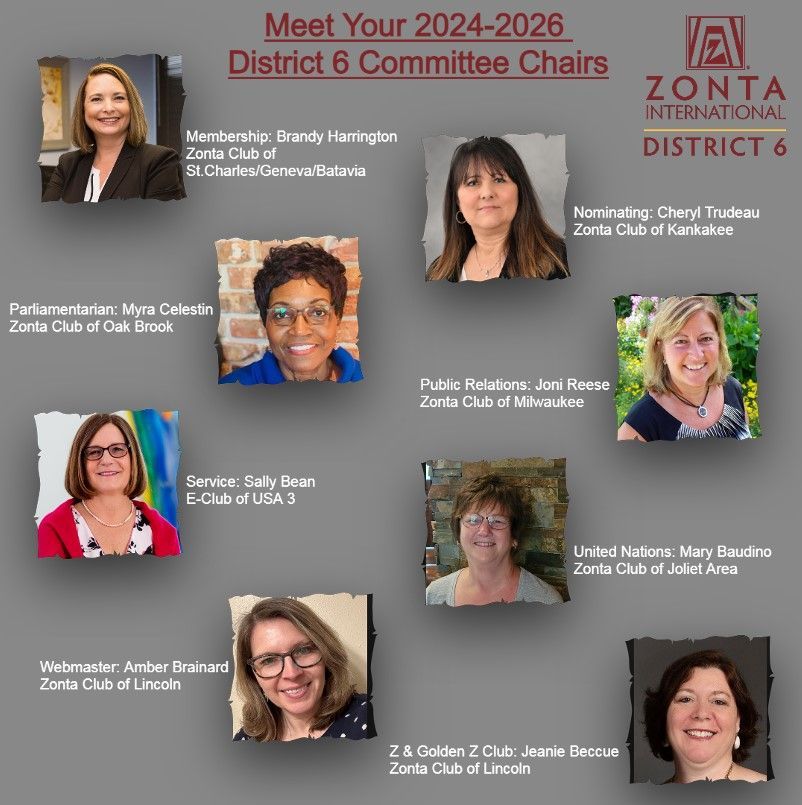 Zonta International District 6 committee chair headshots. Women listed with roles and club affiliations.