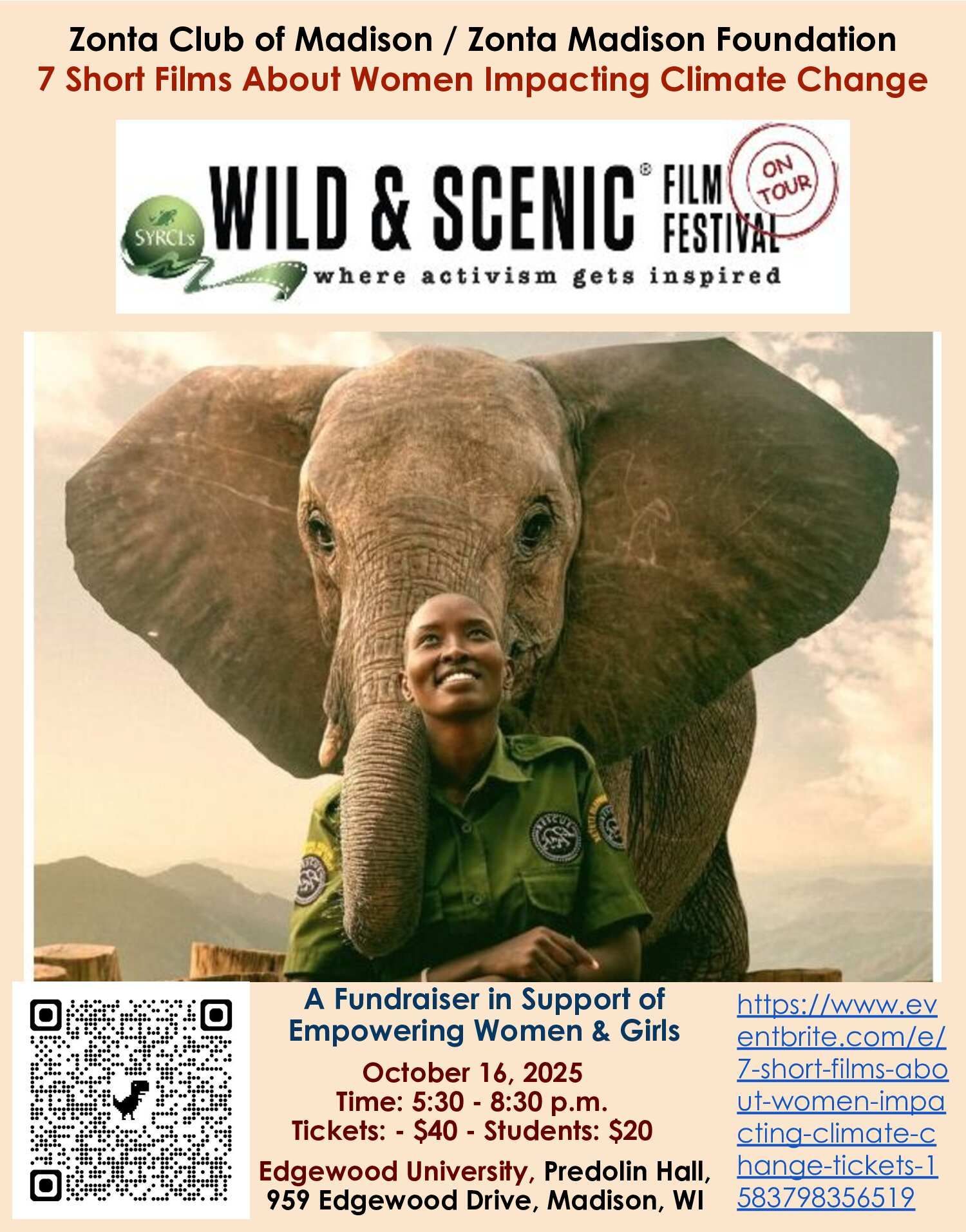 Poster for a film festival on women impacting climate change. Features a woman and elephant with event details.