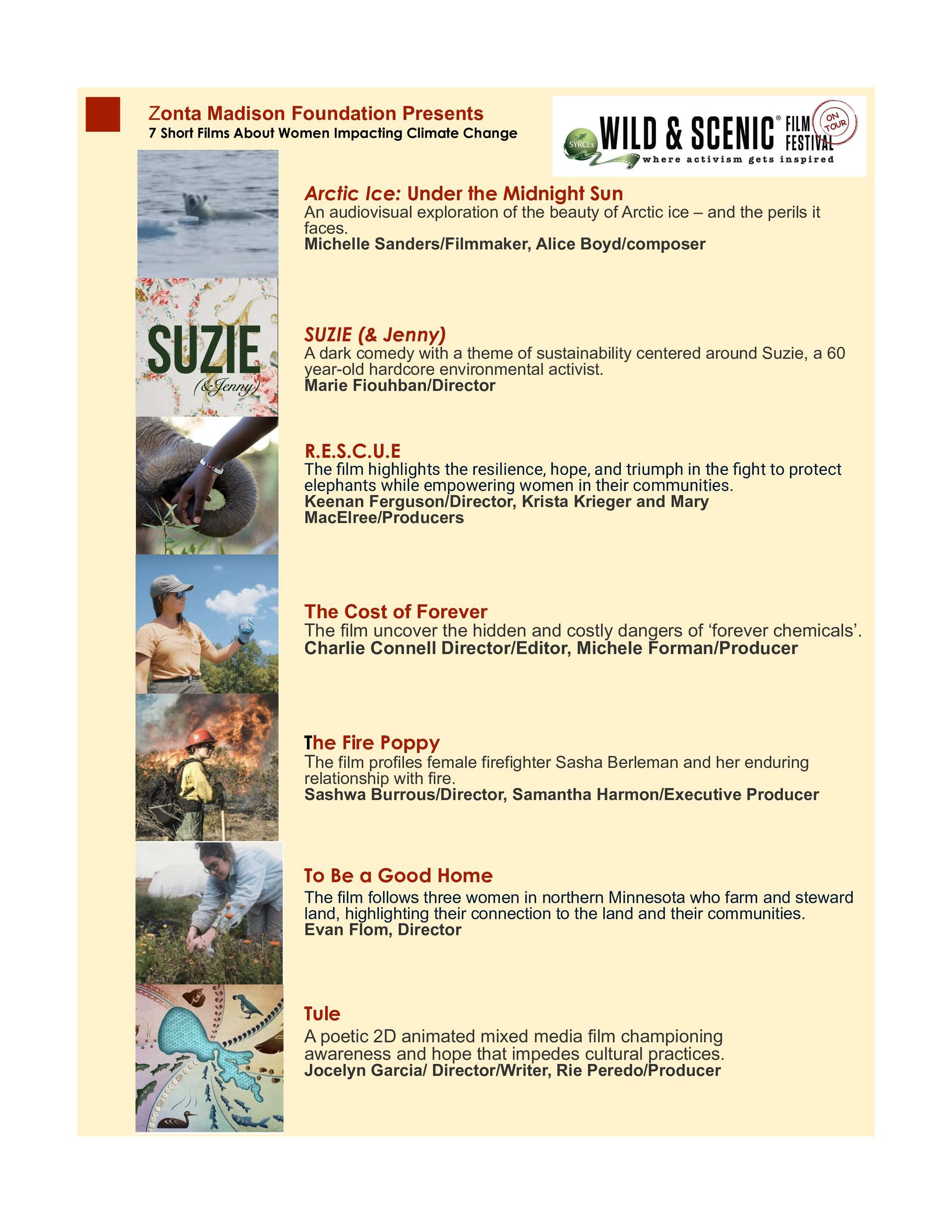 Promotional poster for Wild & Scenic Film Festival, featuring film stills and text titles.