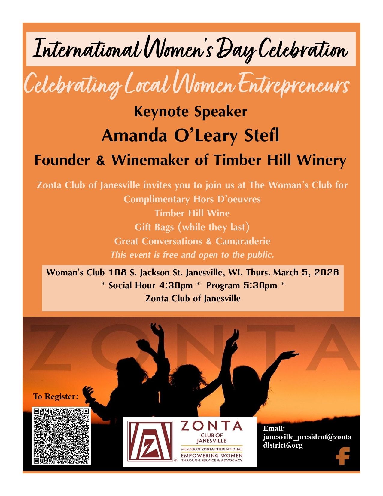 Flyer for the Zonta Club of Janesville International Women's Day Celebration.