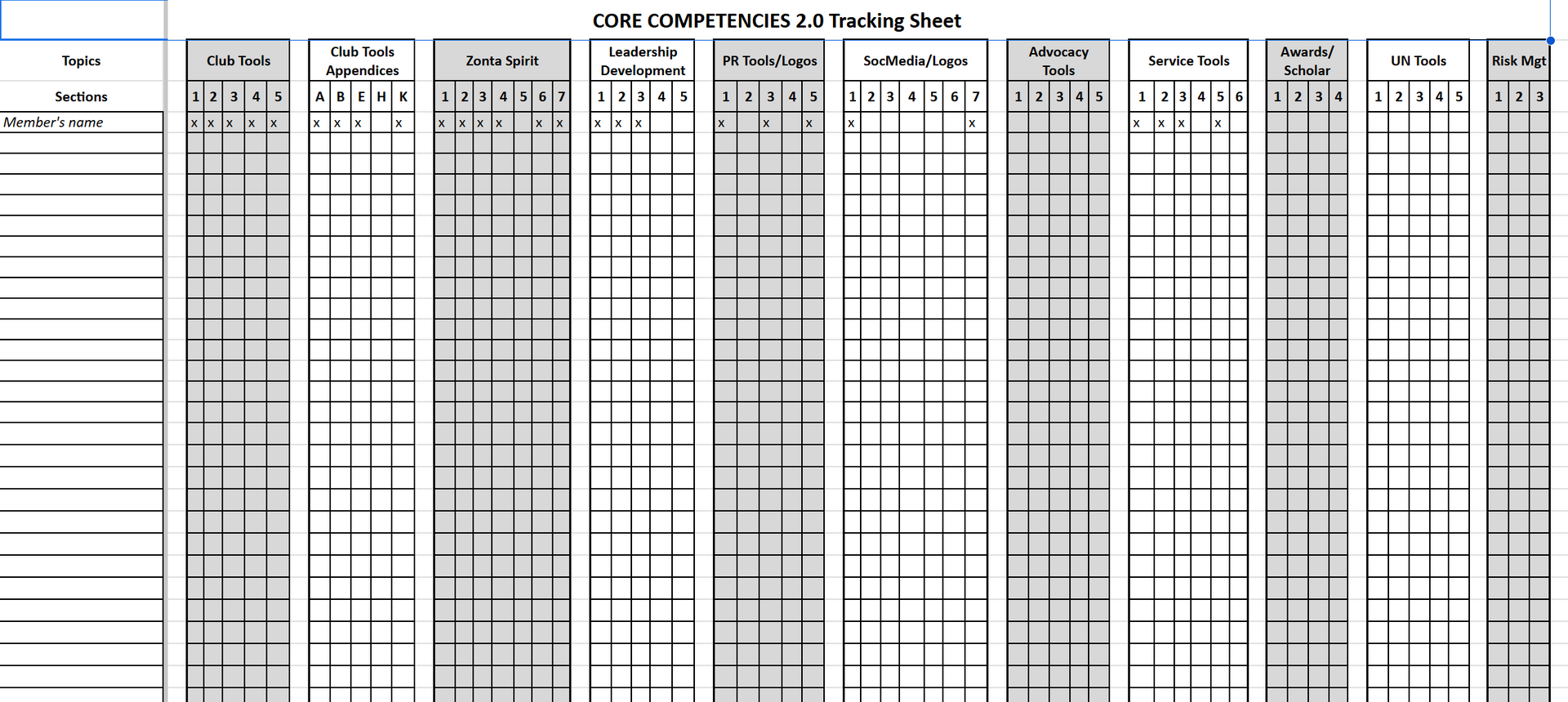 Blank, detailed spreadsheet for tracking data, with rows and columns and gray shaded sections.