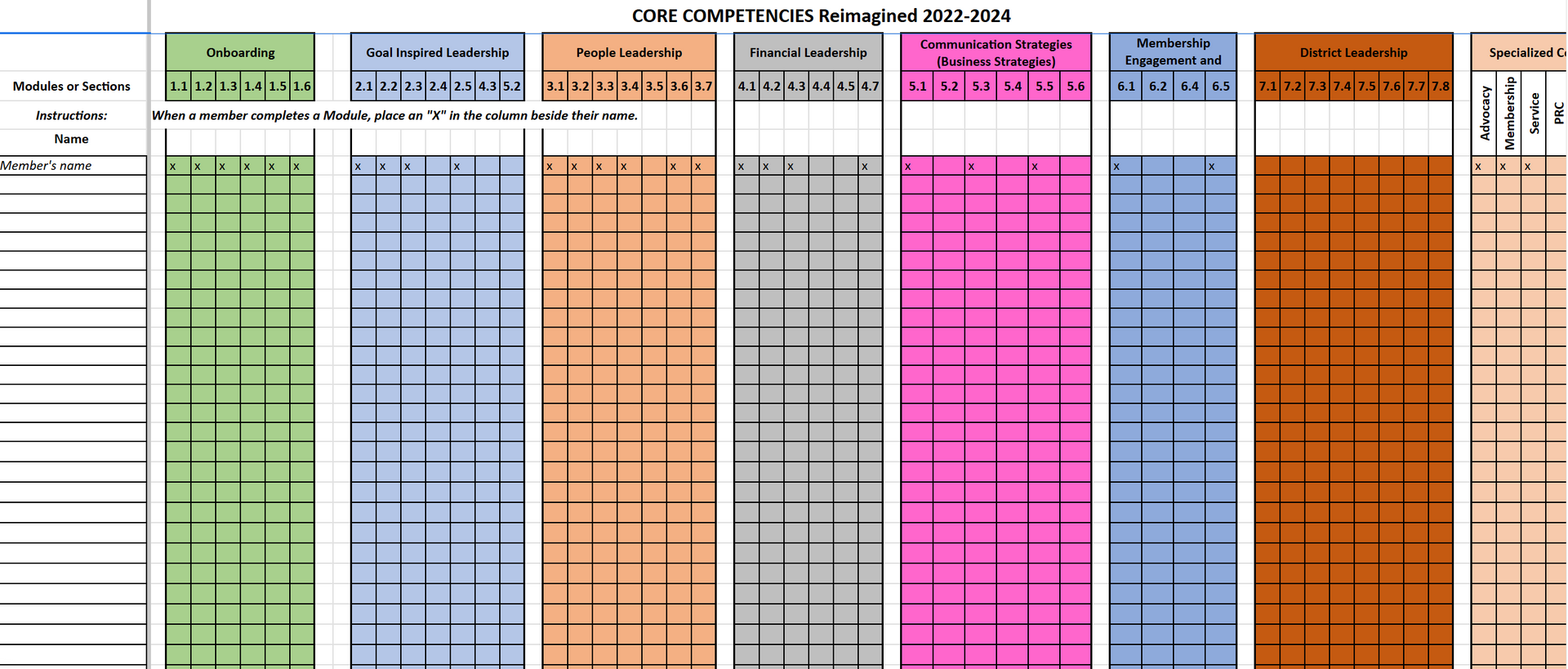 A colorful chart or table with several columns and rows for data organization.