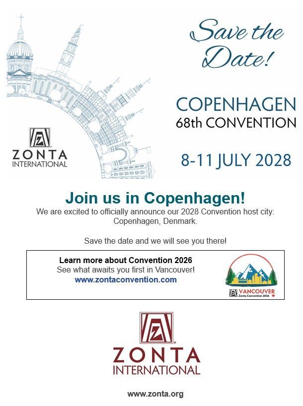 Save the date for Zonta International's 68th Convention in Copenhagen, Denmark, July 8-11, 2028.