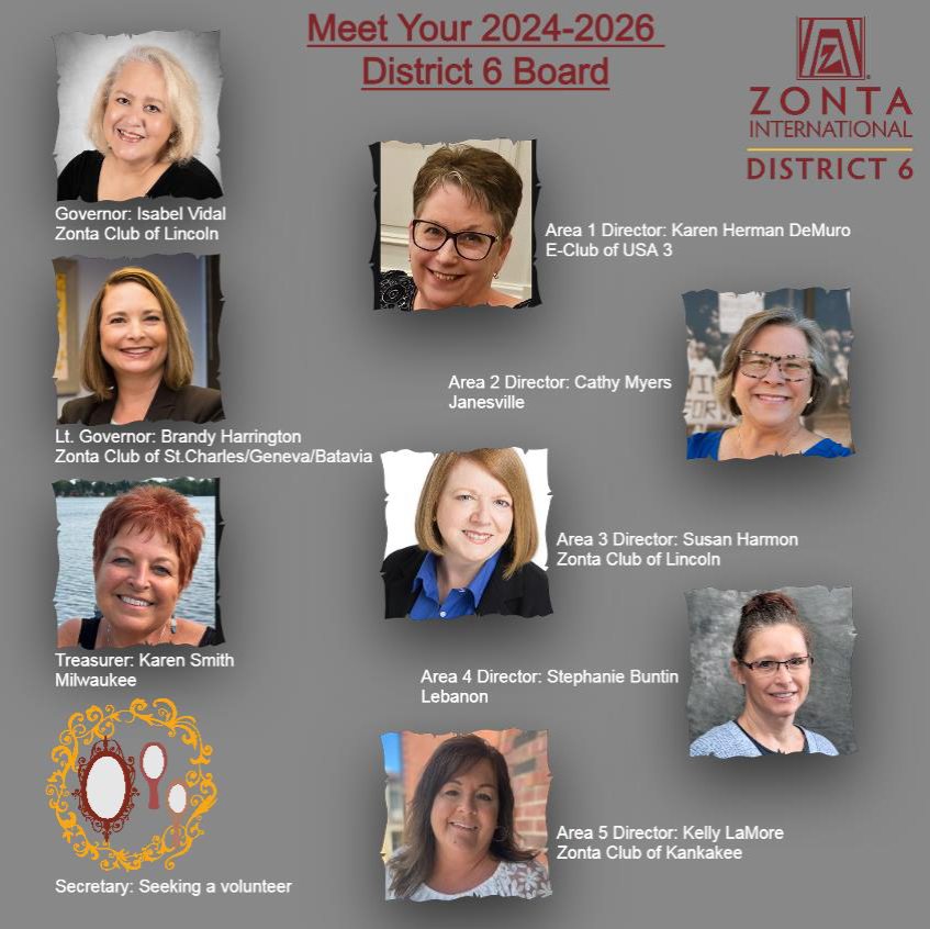 District 6 Zonta International board members: portraits of women. Governor, Treasurer, Area Directors.
