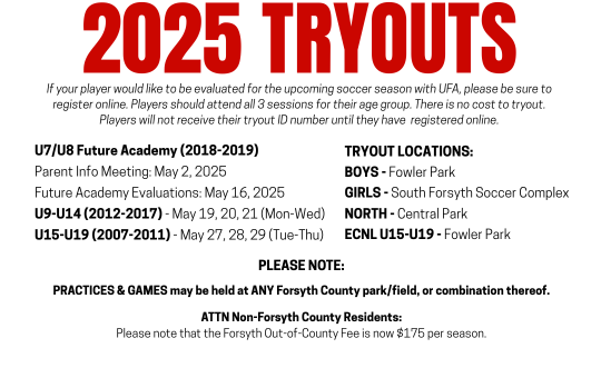 United Futbol Academy tryouts flyer for Academy/Select teams