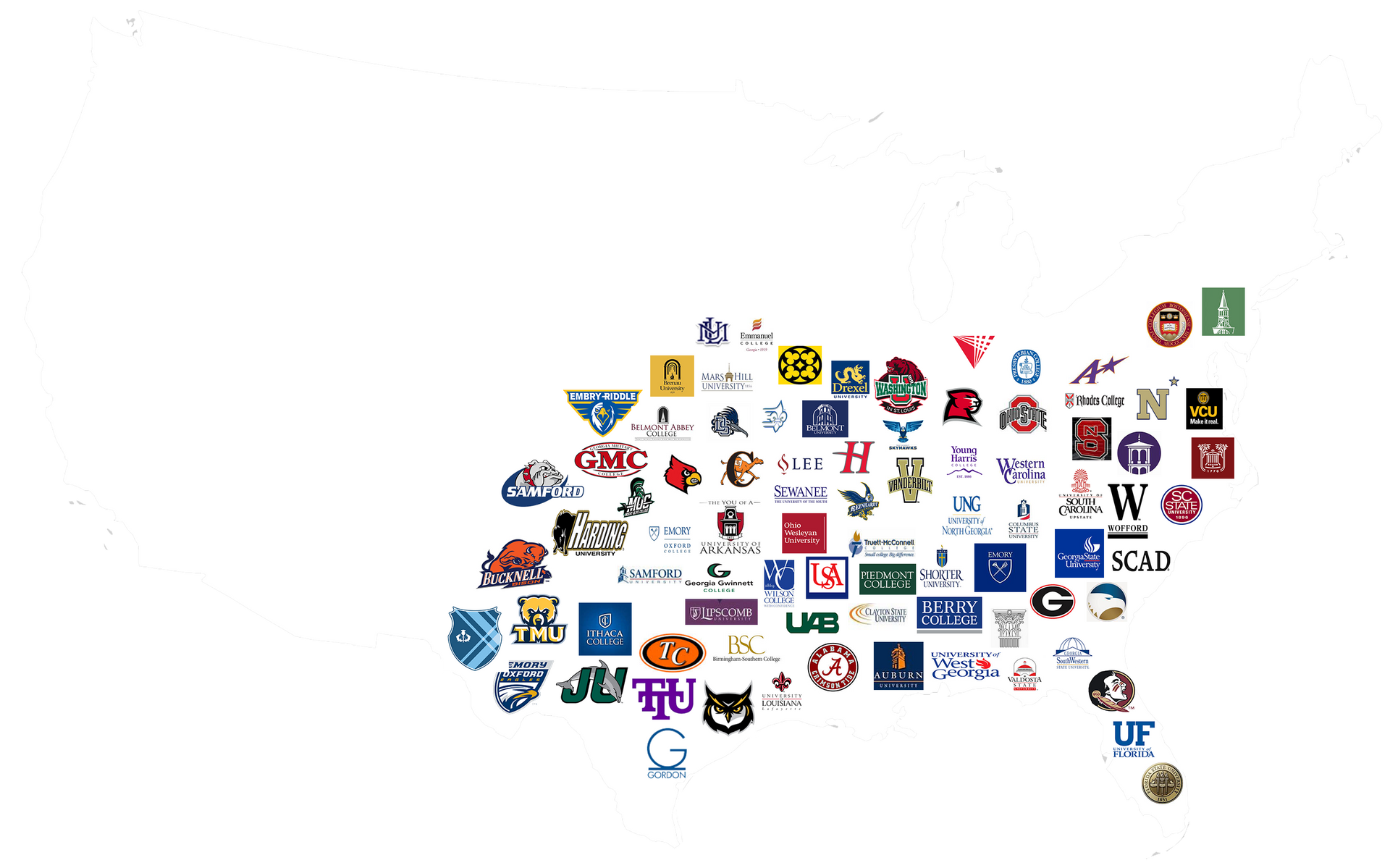 Map with college logos that are attending the United Futbol Academy College Experience ID Camp.