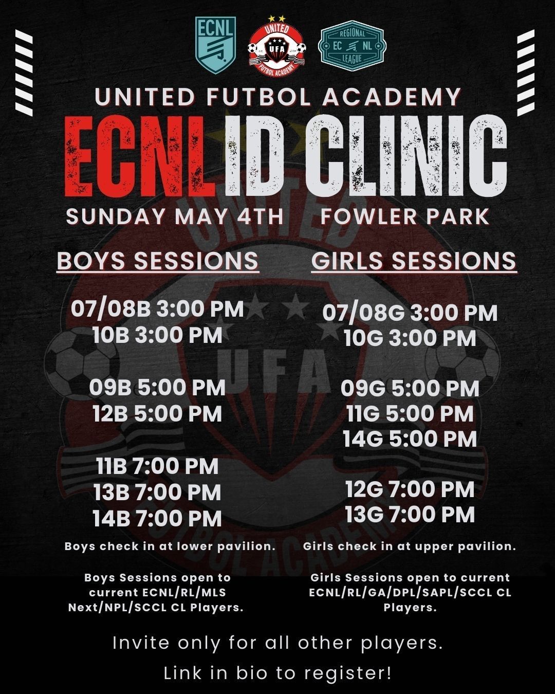 United Futbol Academy Forsyth ECNL ID Clinic flyer