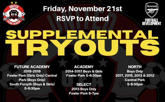 United Futbol Academy supplemental tryouts flyer