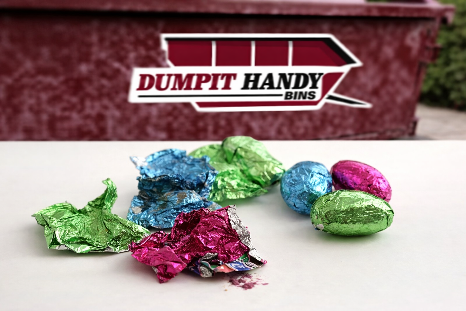 Crumpled Easter chocolate wrappers and foil eggs on a surface with a Dumpit Handy Bins skip bin in the background representing post-Easter clean-up.