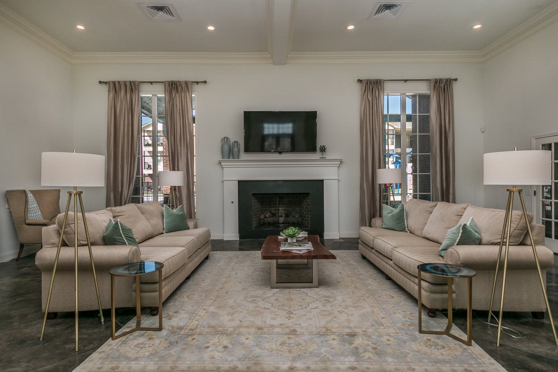 Ridgewood Apartments Home Interior with Beautiful Beige Couches