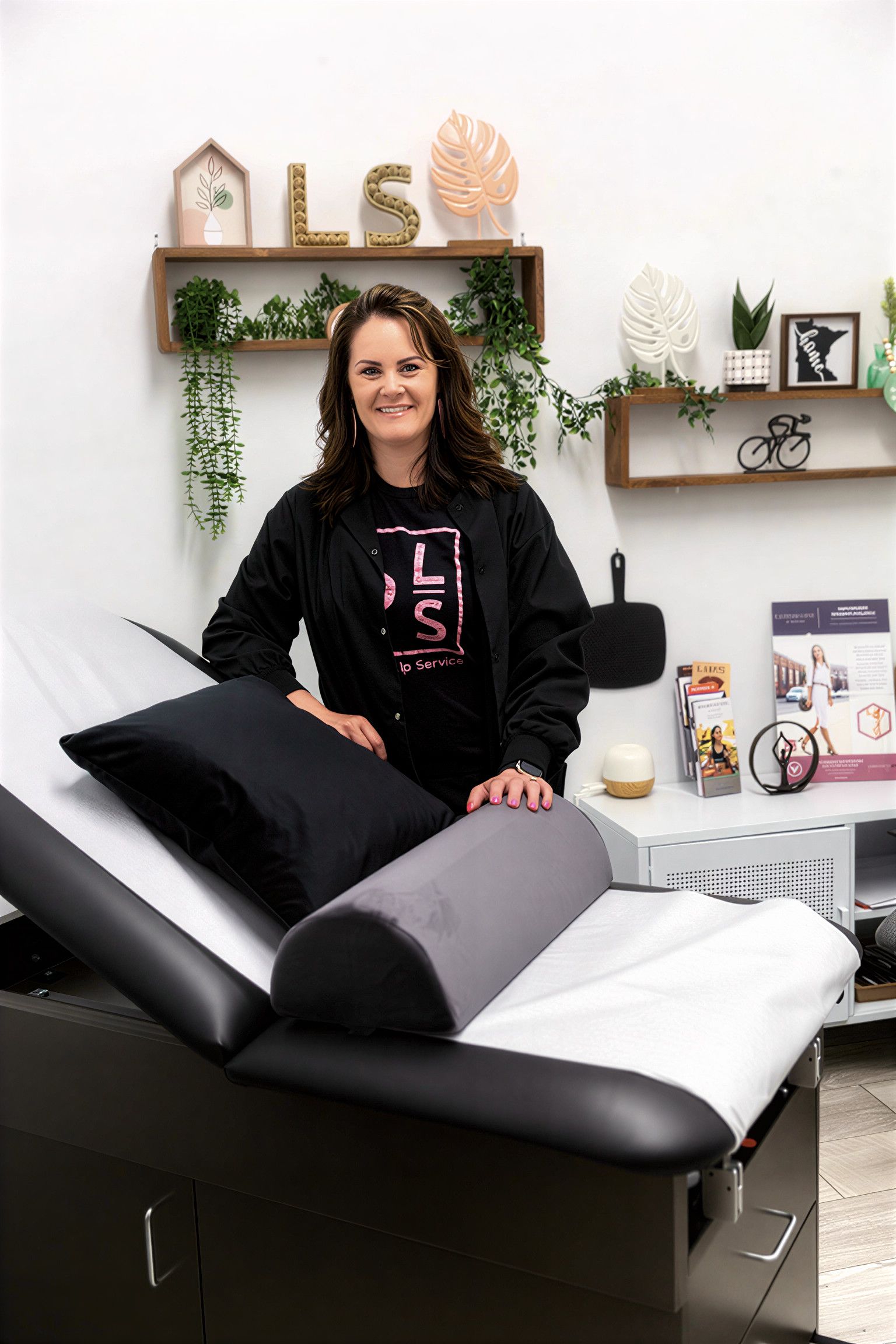Woman standing next to examination table, smiling in medical office. Pillows on table, shelves with decor above.