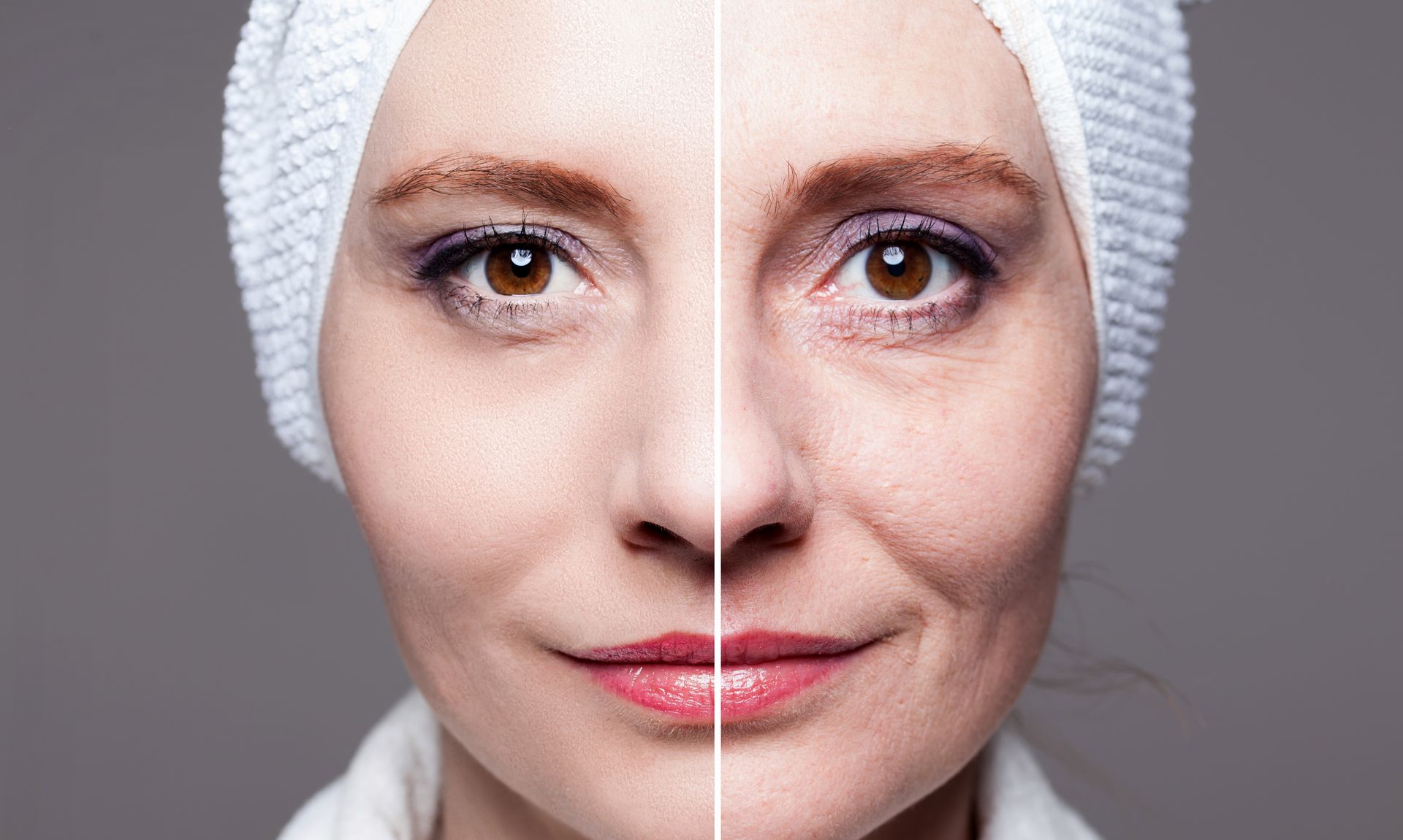 A before and after picture of a woman 's face with a towel on her head.